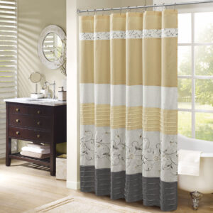 Serene Faux Silk Embroidered Floral Shower Curtain in Yellow From Madison Park