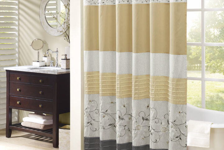 Serene Faux Silk Embroidered Floral Shower Curtain in Yellow From Madison Park