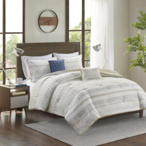 Fraser 5 Piece Printed Seersucker Comforter Set with Throw Pillows in Taupe/Blue From Madison Park