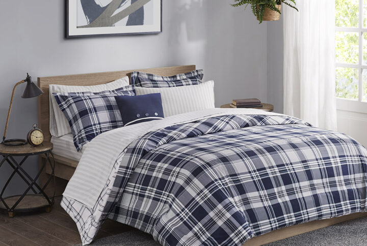 Patrick 8 Piece Comforter Set with Bed Sheets in Navy From Madison Park Essentials