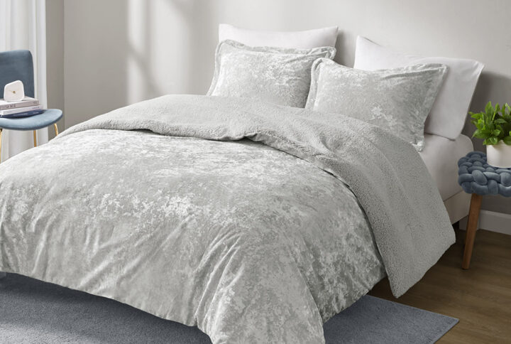 Mira Crushed Velvet Sherpa Reversible Comforter Set in Silver From Intelligent Design