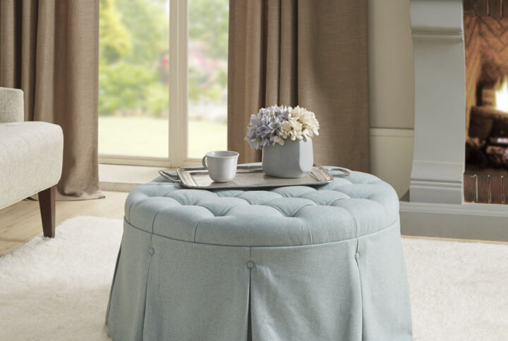 Terri (Zara) Skirted Tufted 32" Round Ottoman in Blue From Martha Stewart