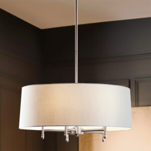 Presidio 5-Light Dimmable Chandelier with Drum-shaped Fabric Shade & Adjustable Height in Silver/White From Hampton Hill