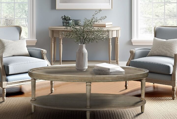 Ayanna Oval Coffee Table with Shelf in Reclaimed Greige From Martha Stewart