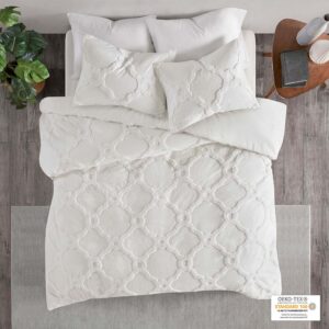 Pacey 3 Piece Tufted Cotton Chenille Geometric Duvet Cover Set in Off-White From Madison Park