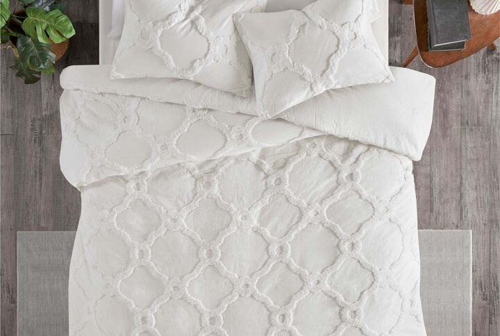 Pacey 3 Piece Tufted Cotton Chenille Geometric Duvet Cover Set in Off-White From Madison Park