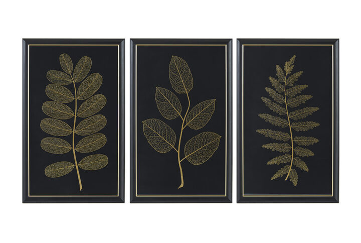 N/A Gold Metallic Leaf Panel Framed Graphic Wall Decor 3-Piece Set in Black/Gold From Martha Stewart