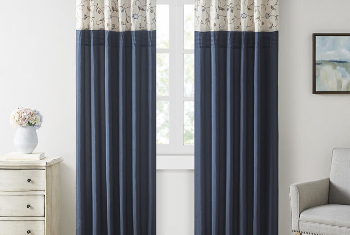 Serene Embroidered Curtain Panel in Navy From Madison Park