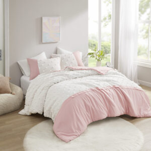 Shay Colorblock Clip Jacquard Duvet Cover Set in Pink From Intelligent Design