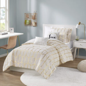 Raina Metallic Printed Duvet Cover Set in Ivory/Gold From Intelligent Design