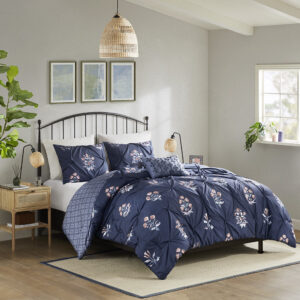 Marfa 4 Piece Pintuck Comforter Set with Throw Pillow in Navy From Madison Park