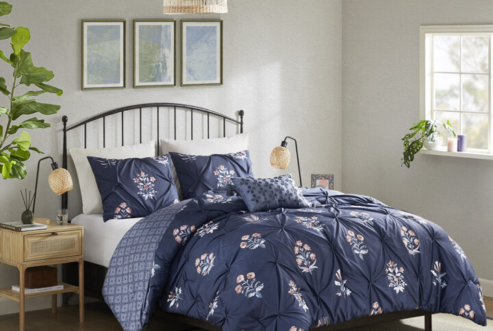 Marfa 4 Piece Pintuck Comforter Set with Throw Pillow in Navy From Madison Park