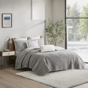 Pomona 3 Piece Embroidered Cotton Quilt Set in Gray From INK+IVY