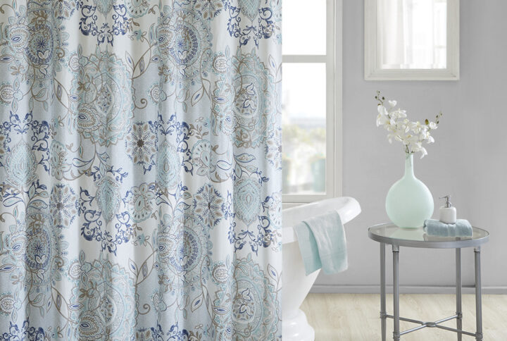 Isla Printed Cotton Shower Curtain in Blue From Madison Park