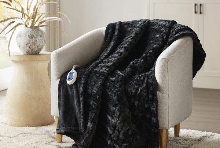 Zuri Oversized Faux Fur Heated Throw in Black Texture From Beautyrest