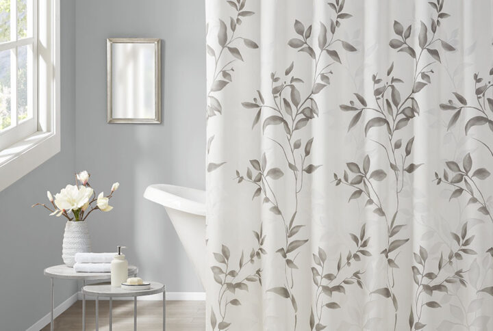 Cecily Burnout Printed Shower Curtain in Grey From Madison Park