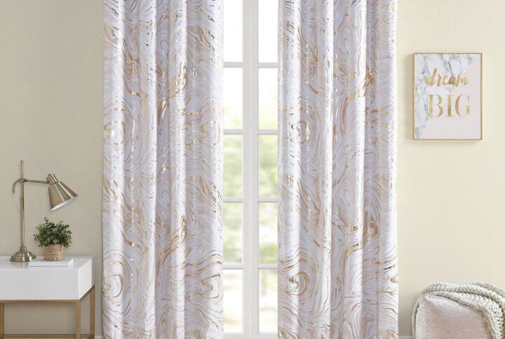 Rebecca Grommet Top Printed Marble Metallic Total Blackout Curtain in Blush/Gold From Intelligent Design