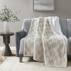 Printed Plush Heated Throw in Tan From Serta