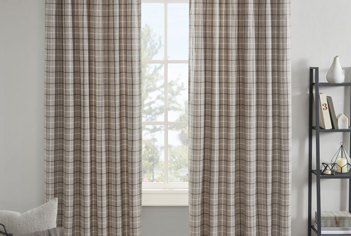 Anaheim Plaid Rod Pocket and Back Tab Curtain Panel with Fleece Lining in Brown From Madison Park