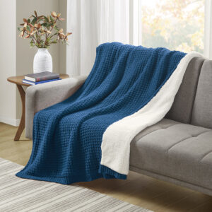 Rowan Waffle Knit Chenille Throw in Navy Blue From Madison Park