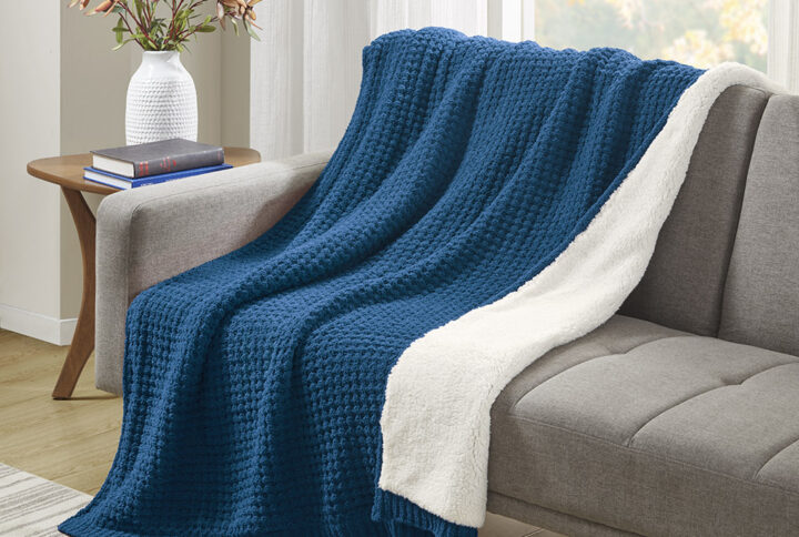 Rowan Waffle Knit Chenille Throw in Navy Blue From Madison Park