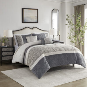 Amelia 5 Piece Textured Jacquard Stripe Comforter Set with Throw Pillows in Grey From Madison Park