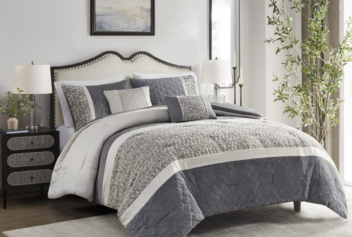 Amelia 5 Piece Textured Jacquard Stripe Comforter Set with Throw Pillows in Grey From Madison Park