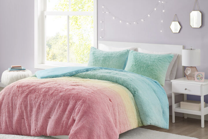 Primrose Ombre Shaggy Faux Fur Comforter Set in Aqua Multi From Mi Zone