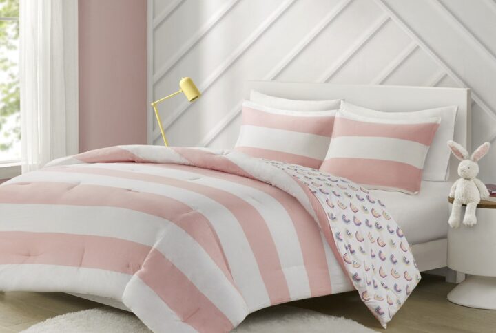 Sammie Cotton Cabana Stripe Reversible Comforter Set with Rainbow Reverse in Pink From Urban Habitat Kids