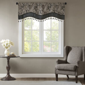 Aubrey Jacquard Window Rod Pocket Valance With Beads in Black From Madison Park