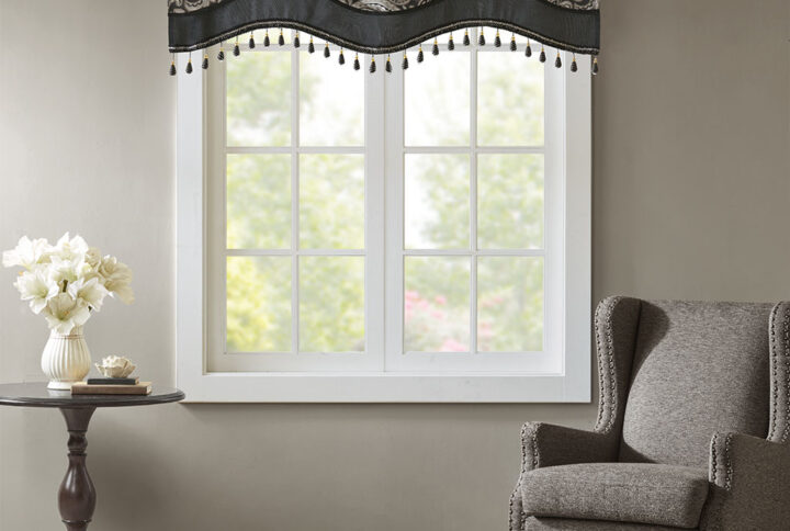 Aubrey Jacquard Window Rod Pocket Valance With Beads in Black From Madison Park