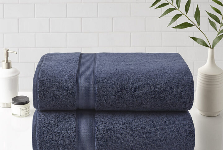 800gsm 100% Cotton Bath Sheet Antimicrobial 2 Piece Set in Slate Blue From Madison Park Signature