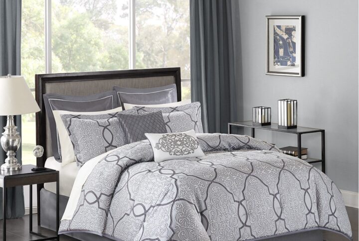 Lavine 12 Piece Comforter Set with Cotton Bed Sheets in Silver From Madison Park