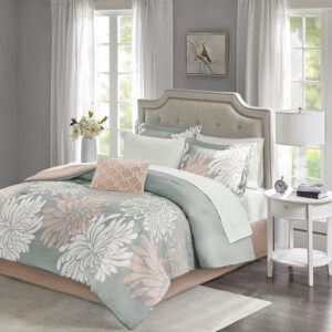 Maible 9 Piece Comforter Set with Cotton Bed Sheets in Blush/Grey From Madison Park Essentials