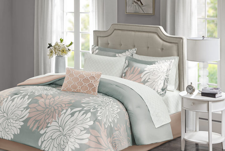 Maible 9 Piece Comforter Set with Cotton Bed Sheets in Blush/Grey From Madison Park Essentials