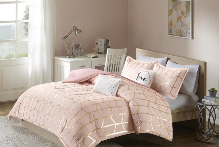 Raina Metallic Printed Comforter Set in Blush/Gold From Intelligent Design