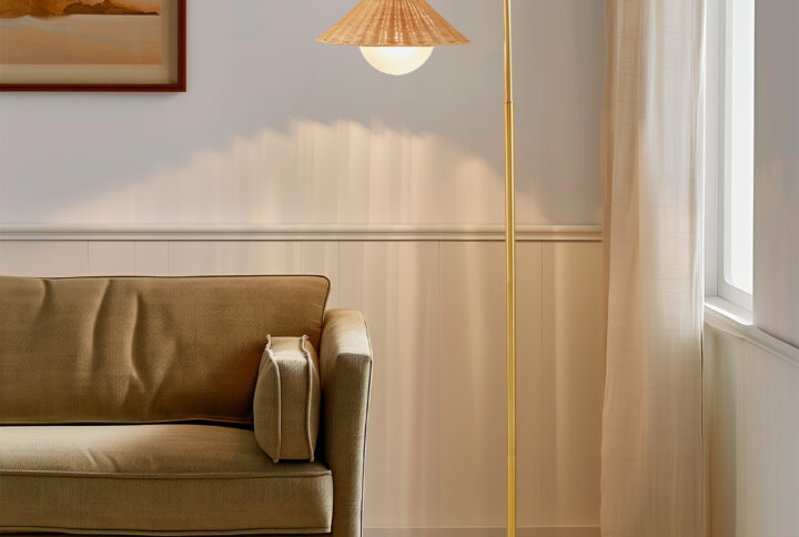 Laguna Rattan Weave Shade Floor Lamp in Gold/Natural From INK+IVY