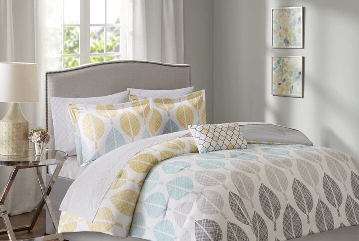 Central Park 9 Piece Comforter Set with Cotton Bed Sheets in Yellow/Aqua From Madison Park Essentials