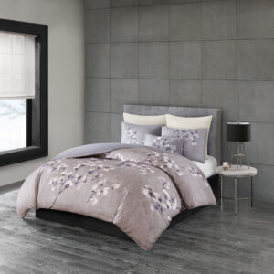 Sakura Blossom 3 Piece Cotton Sateen Printed Duvet Cover Set in Lilac From N Natori