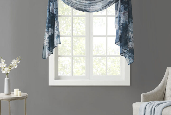 Simone Printed Floral Voile Sheer Scarf in Navy From Madison Park