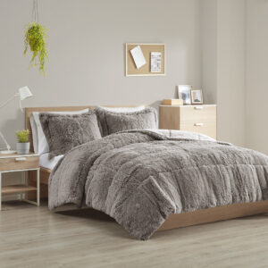 Malea Shaggy Long Fur Comforter Mini Set in Grey From Intelligent Design