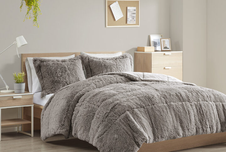 Malea Shaggy Long Fur Comforter Mini Set in Grey From Intelligent Design