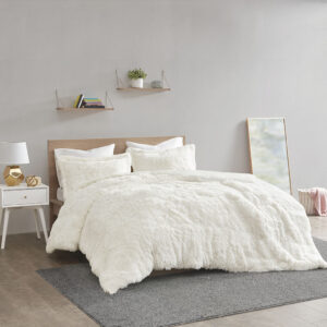 Malea Shaggy Fur Duvet Cover Set in Ivory From Intelligent Design