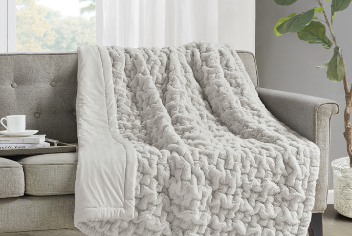 Ruched Fur Throw in Silver Grey From Madison Park