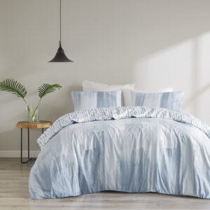 Brush Stroke 3 Piece Oversized Reversible Seersucker Duvet Cover Mini Set in Blue From N Natori