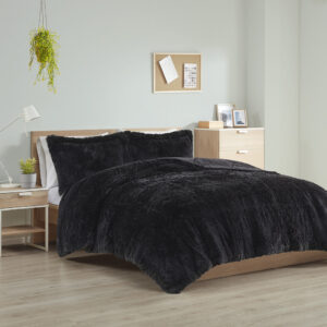 Malea Shaggy Long Fur Comforter Mini Set in Black From Intelligent Design