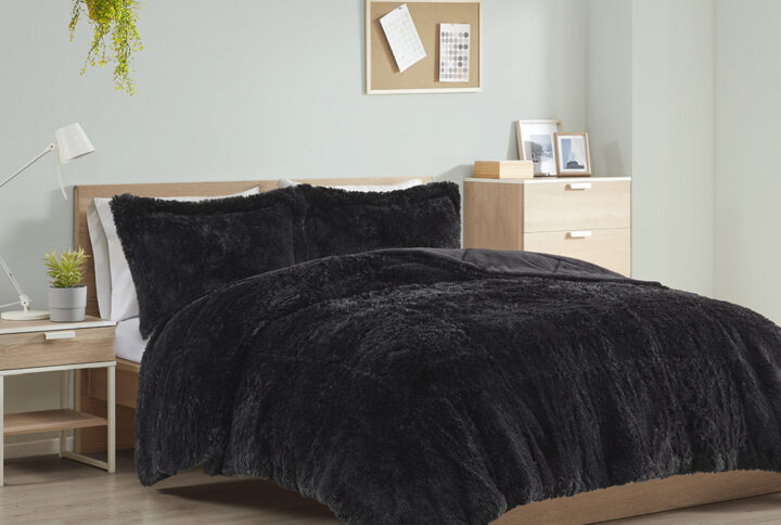 Malea Shaggy Long Fur Comforter Mini Set in Black From Intelligent Design