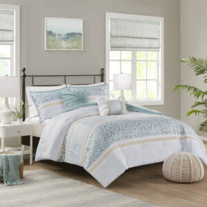 Caralie 5 Piece Seersucker Comforter Set with Throw Pillows in Aqua From Madison Park