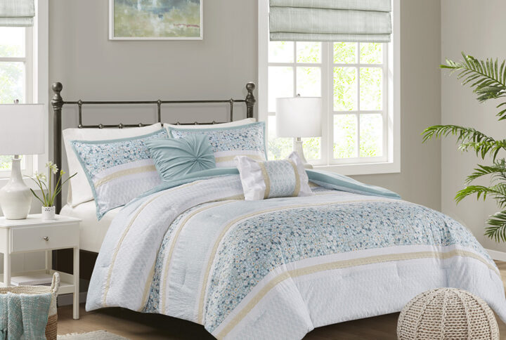 Caralie 5 Piece Seersucker Comforter Set with Throw Pillows in Aqua From Madison Park