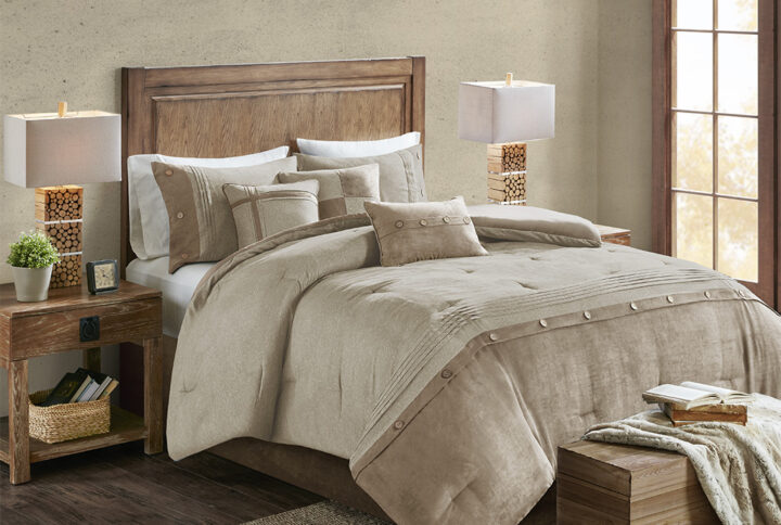 Boone 7 Piece Faux Suede Comforter Set in Tan From Madison Park